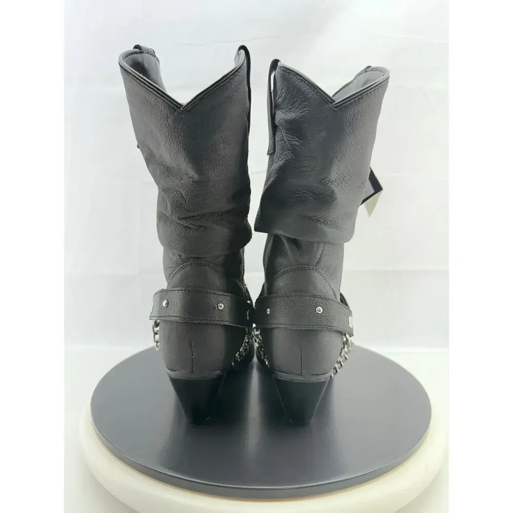 Dingo Olivia Womens Sz 8M Pigskin Leather Black Slouch Boots Concho Strap‎ DI522